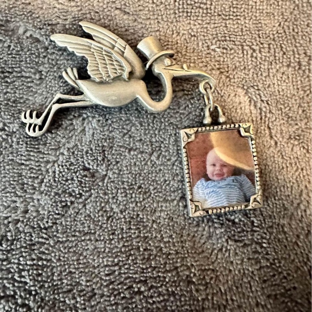 Vintage Signed JJ Stork With Photo Frame Dangling Charm Brooch